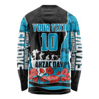 Personalized Sharks ANZAC Tribute Long Sleeve Shirt Poppy Field Soldier Silhouette Aboriginal Rugby Mascot