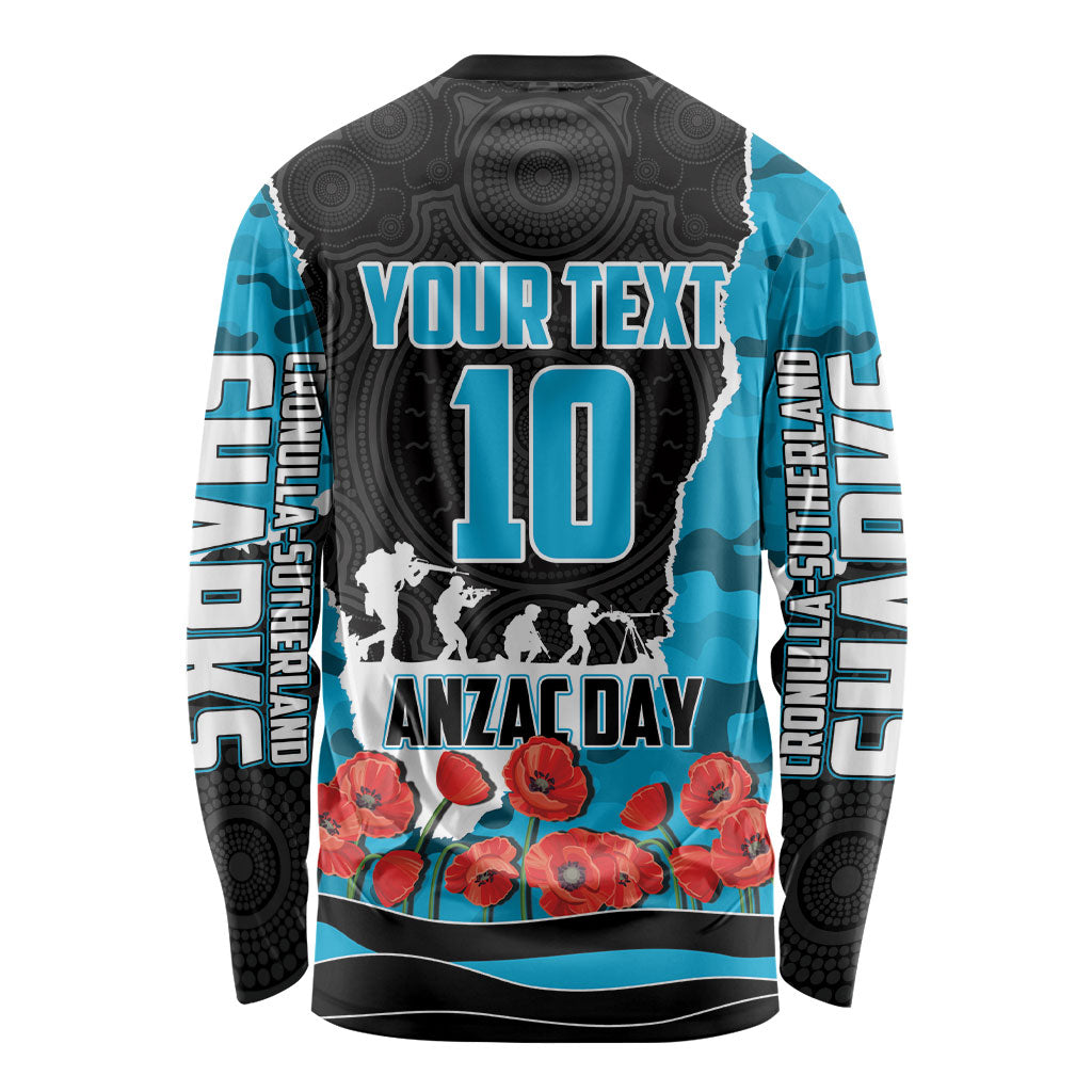 Personalized Sharks ANZAC Tribute Long Sleeve Shirt Poppy Field Soldier Silhouette Aboriginal Rugby Mascot