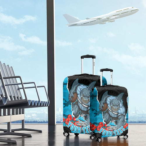 Personalized Sharks ANZAC Tribute Luggage Cover Poppy Field Soldier Silhouette Aboriginal Rugby Mascot