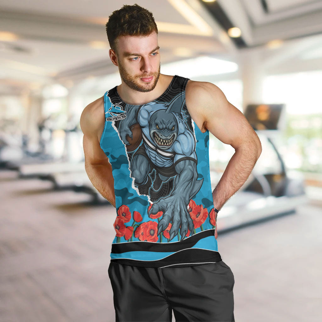 Personalized Sharks ANZAC Tribute Men Tank Top Poppy Field Soldier Silhouette Aboriginal Rugby Mascot