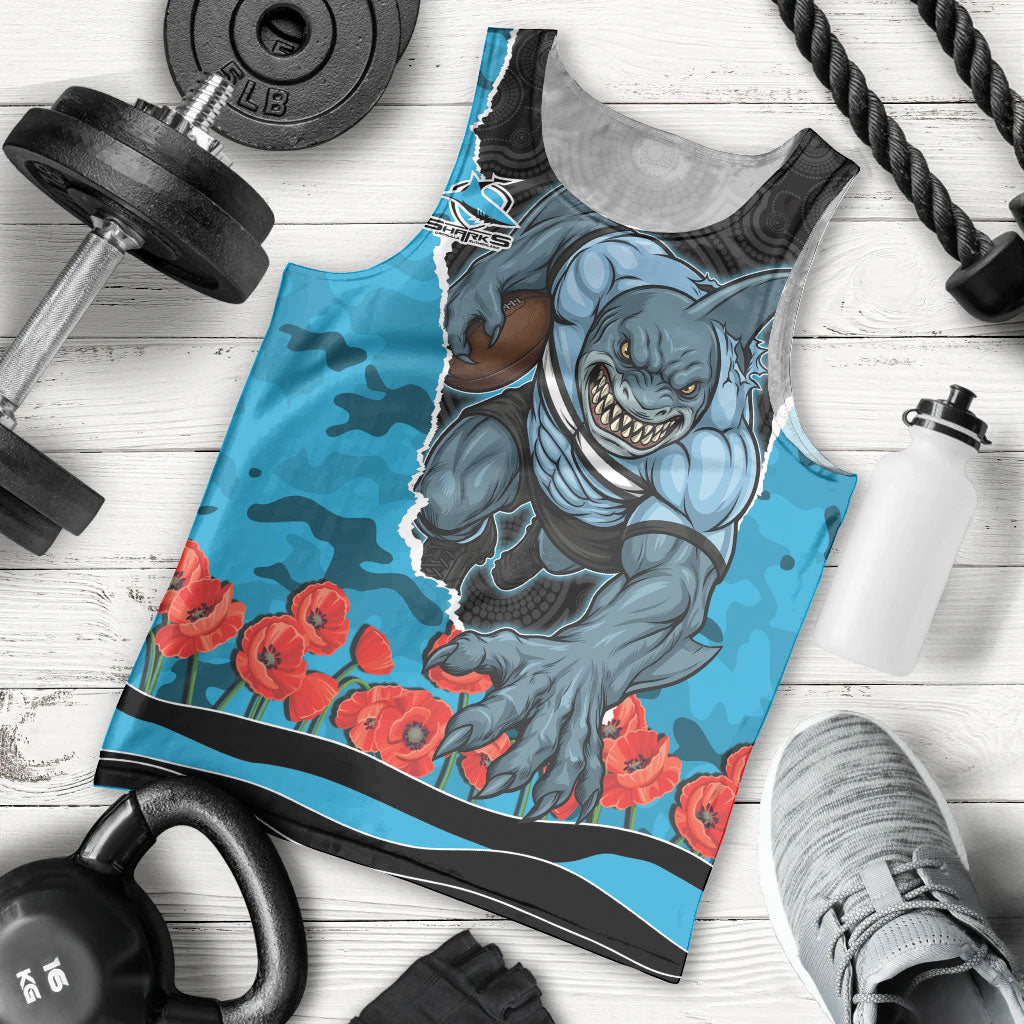 Personalized Sharks ANZAC Tribute Men Tank Top Poppy Field Soldier Silhouette Aboriginal Rugby Mascot