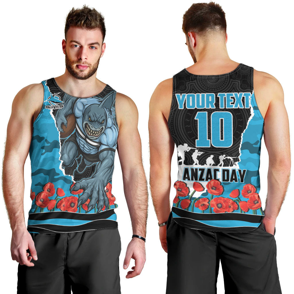 Personalized Sharks ANZAC Tribute Men Tank Top Poppy Field Soldier Silhouette Aboriginal Rugby Mascot