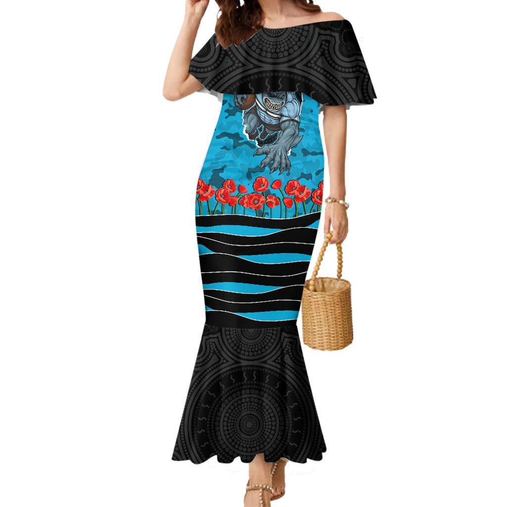 Personalized Sharks ANZAC Tribute Mermaid Dress Poppy Field Soldier Silhouette Aboriginal Rugby Mascot