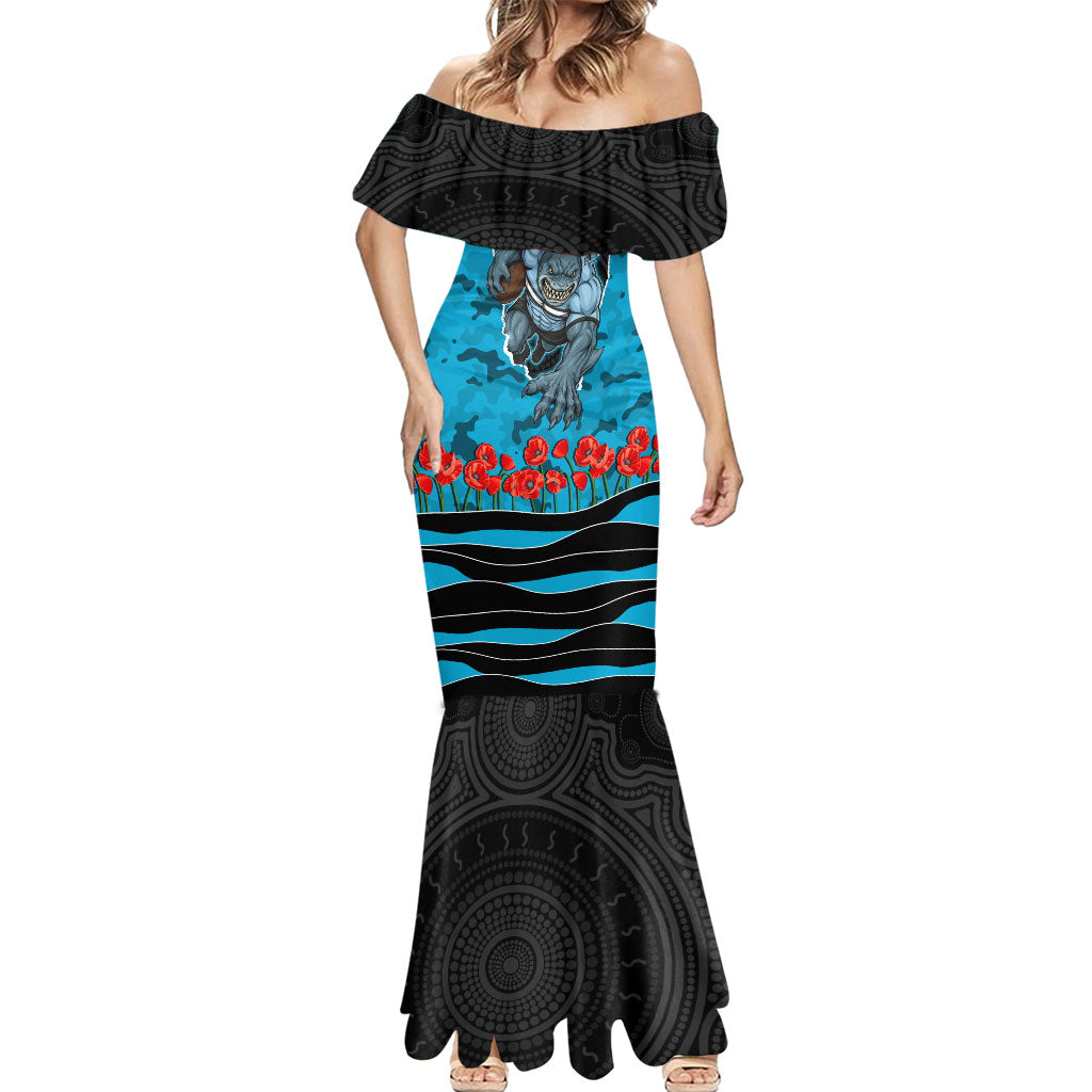 Personalized Sharks ANZAC Tribute Mermaid Dress Poppy Field Soldier Silhouette Aboriginal Rugby Mascot