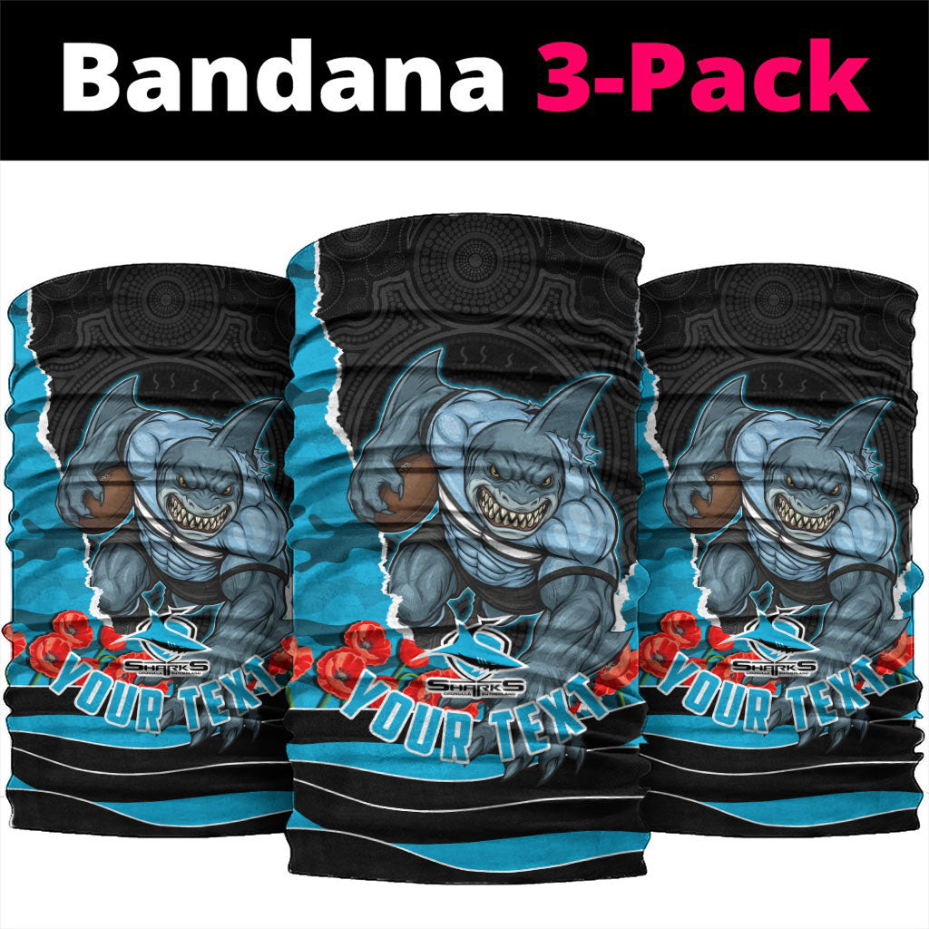 Personalized Sharks ANZAC Tribute Neck Gaiter Poppy Field Soldier Silhouette Aboriginal Rugby Mascot