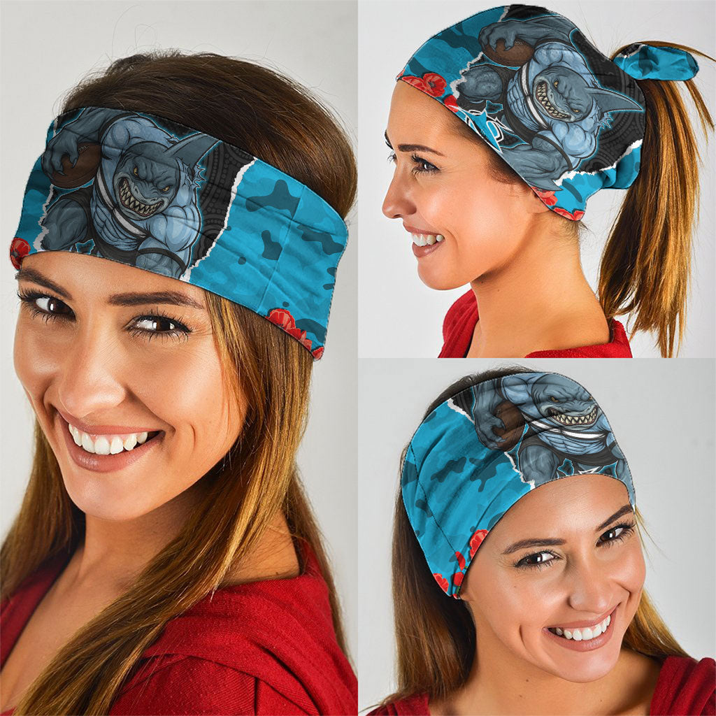 Personalized Sharks ANZAC Tribute Neck Gaiter Poppy Field Soldier Silhouette Aboriginal Rugby Mascot