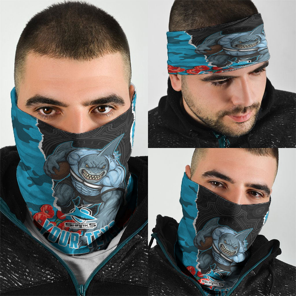 Personalized Sharks ANZAC Tribute Neck Gaiter Poppy Field Soldier Silhouette Aboriginal Rugby Mascot