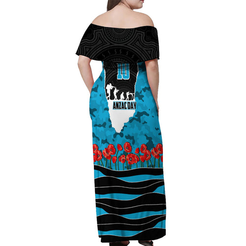 Personalized Sharks ANZAC Tribute Off Shoulder Maxi Dress Poppy Field Soldier Silhouette Aboriginal Rugby Mascot