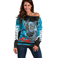 Personalized Sharks ANZAC Tribute Off Shoulder Sweater Poppy Field Soldier Silhouette Aboriginal Rugby Mascot