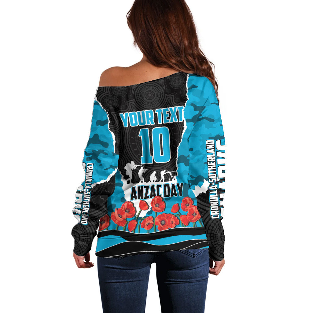 Personalized Sharks ANZAC Tribute Off Shoulder Sweater Poppy Field Soldier Silhouette Aboriginal Rugby Mascot
