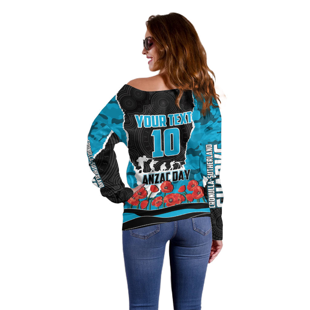 Personalized Sharks ANZAC Tribute Off Shoulder Sweater Poppy Field Soldier Silhouette Aboriginal Rugby Mascot