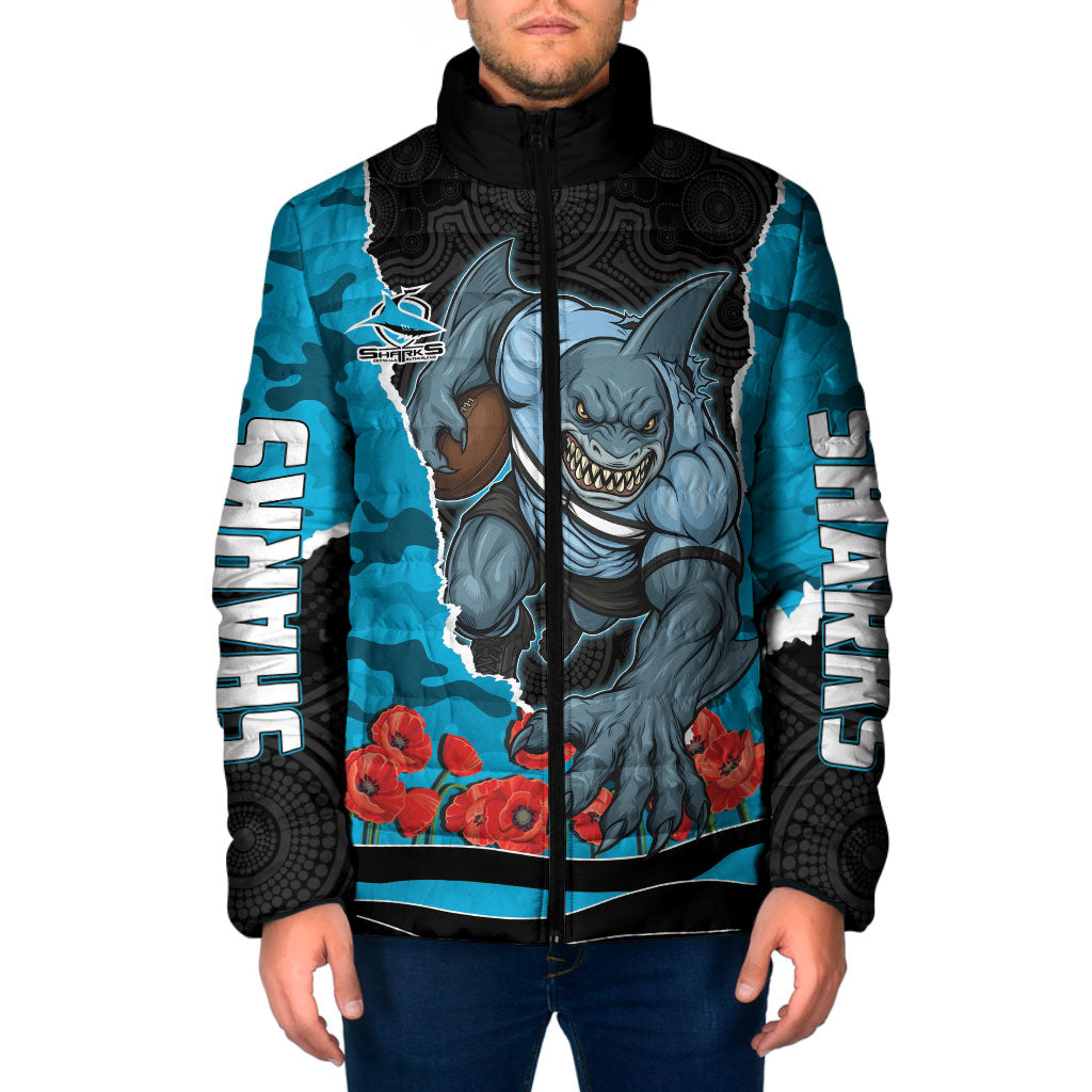 Personalized Sharks ANZAC Tribute Padded Jacket Poppy Field Soldier Silhouette Aboriginal Rugby Mascot