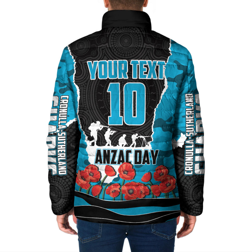 Personalized Sharks ANZAC Tribute Padded Jacket Poppy Field Soldier Silhouette Aboriginal Rugby Mascot