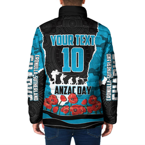 Personalized Sharks ANZAC Tribute Padded Jacket Poppy Field Soldier Silhouette Aboriginal Rugby Mascot
