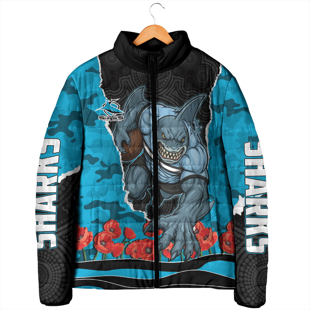 Personalized Sharks ANZAC Tribute Padded Jacket Poppy Field Soldier Silhouette Aboriginal Rugby Mascot
