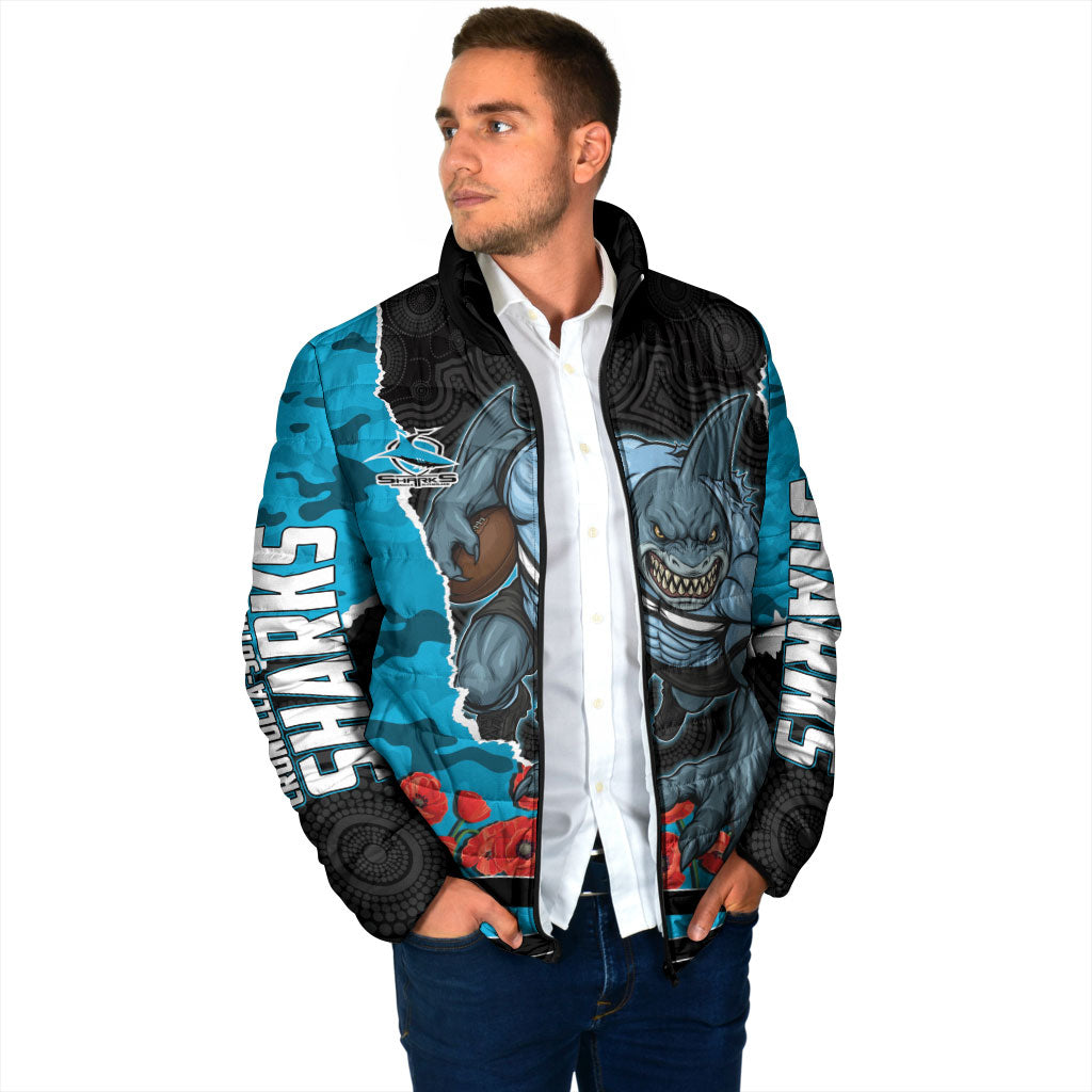 Personalized Sharks ANZAC Tribute Padded Jacket Poppy Field Soldier Silhouette Aboriginal Rugby Mascot