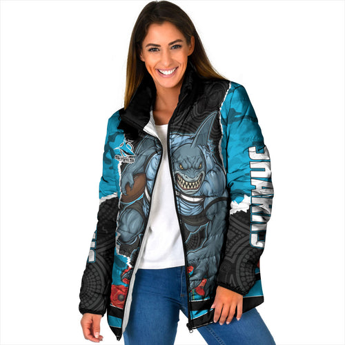Personalized Sharks ANZAC Tribute Padded Jacket Poppy Field Soldier Silhouette Aboriginal Rugby Mascot