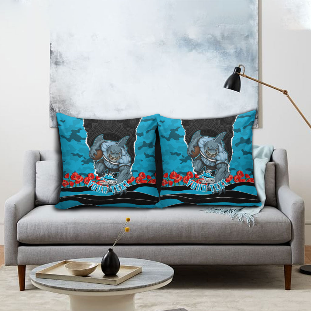 Personalized Sharks ANZAC Tribute Pillow Cover Poppy Field Soldier Silhouette Aboriginal Rugby Mascot