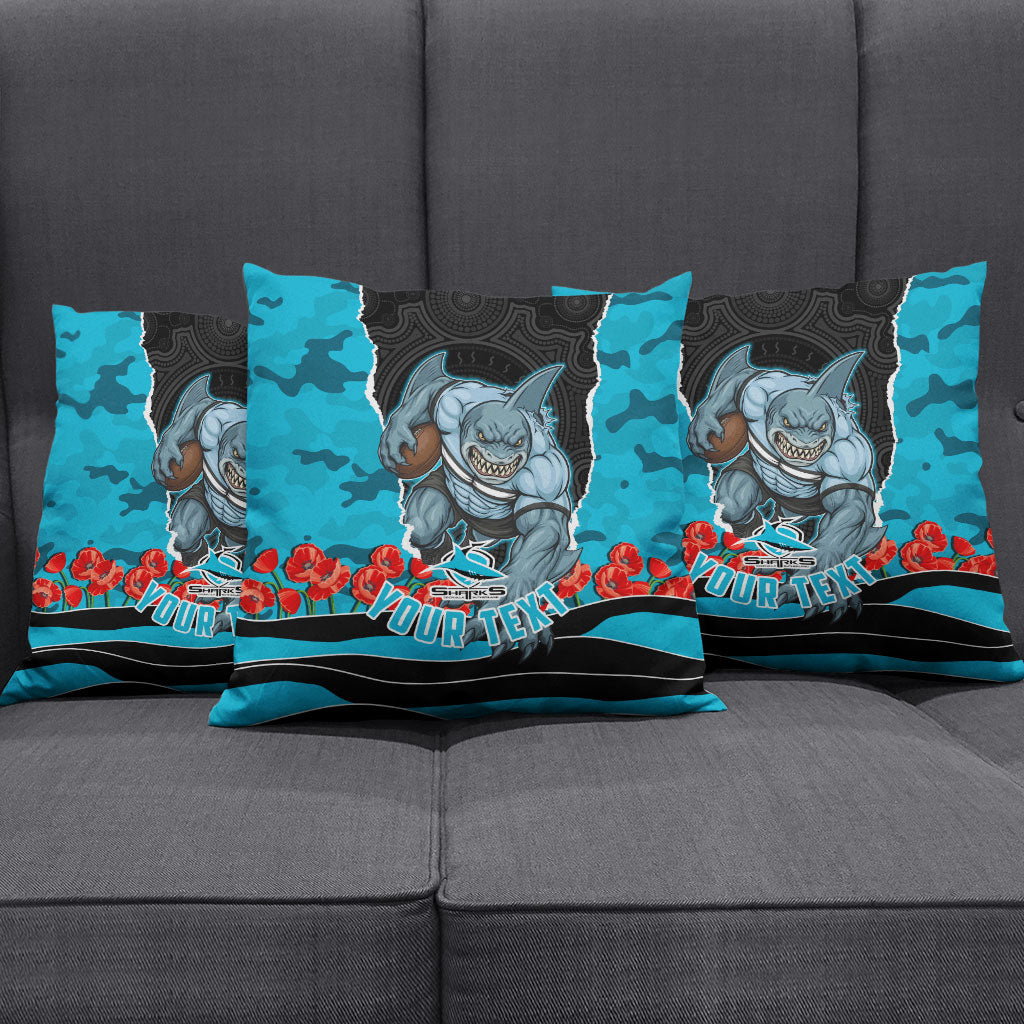 Personalized Sharks ANZAC Tribute Pillow Cover Poppy Field Soldier Silhouette Aboriginal Rugby Mascot