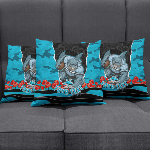 Personalized Sharks ANZAC Tribute Pillow Cover Poppy Field Soldier Silhouette Aboriginal Rugby Mascot