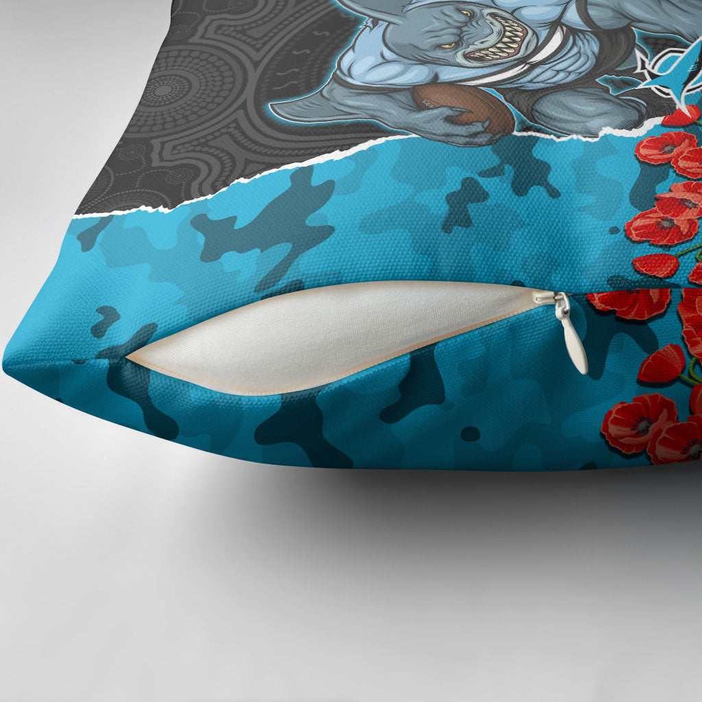 Personalized Sharks ANZAC Tribute Pillow Cover Poppy Field Soldier Silhouette Aboriginal Rugby Mascot