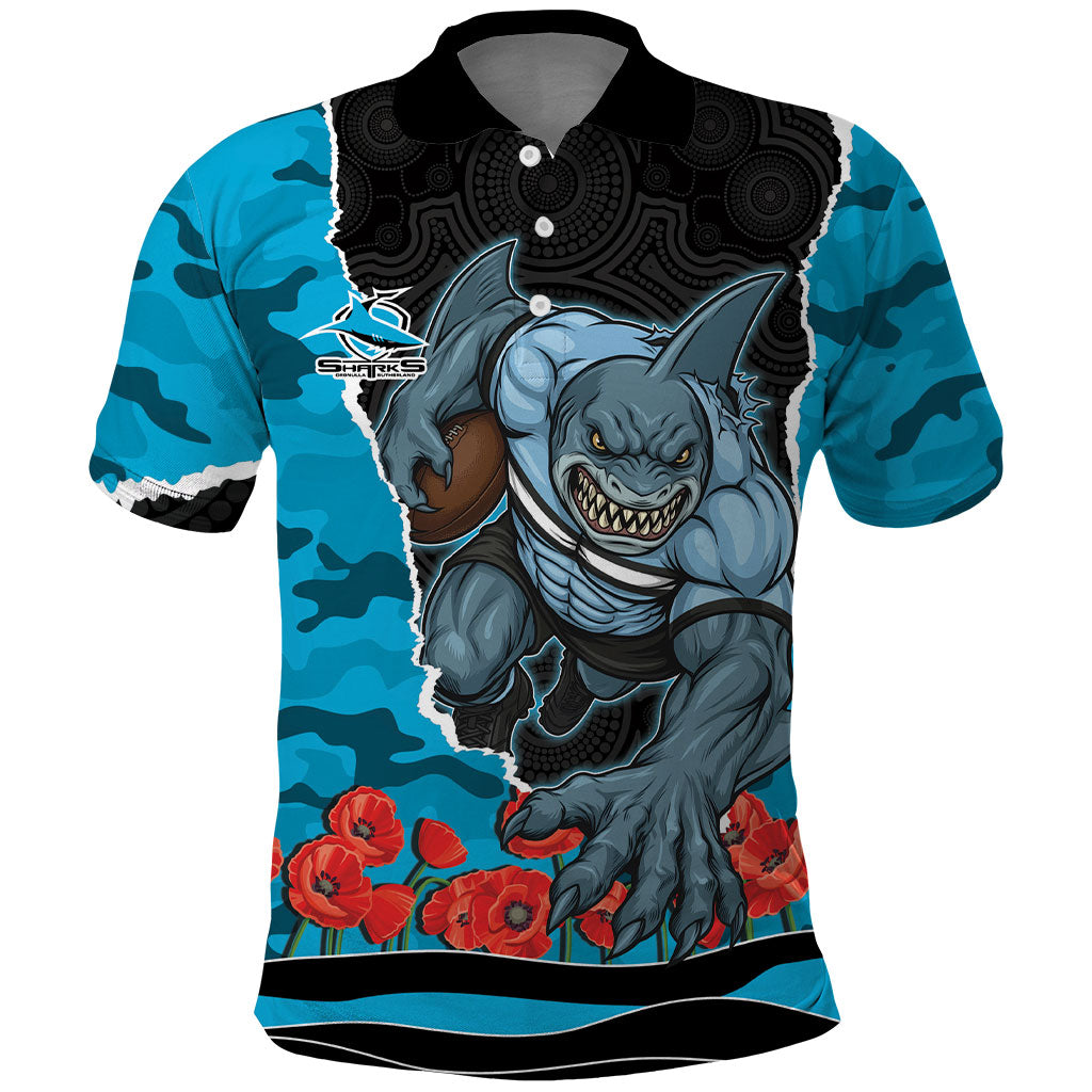Personalized Sharks ANZAC Tribute Polo Shirt Poppy Field Soldier Silhouette Aboriginal Rugby Mascot
