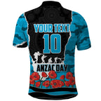 Personalized Sharks ANZAC Tribute Polo Shirt Poppy Field Soldier Silhouette Aboriginal Rugby Mascot