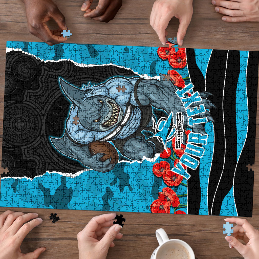 Personalized Sharks ANZAC Tribute Puzzle Poppy Field Soldier Silhouette Aboriginal Rugby Mascot