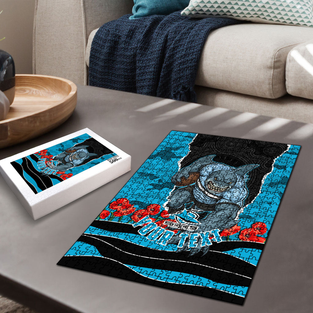 Personalized Sharks ANZAC Tribute Puzzle Poppy Field Soldier Silhouette Aboriginal Rugby Mascot