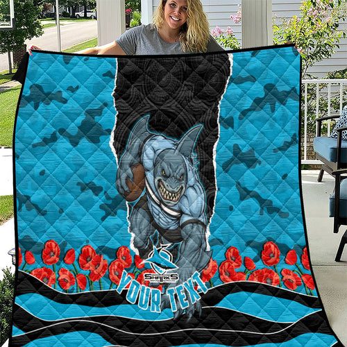Personalized Sharks ANZAC Tribute Quilt Poppy Field Soldier Silhouette Aboriginal Rugby Mascot