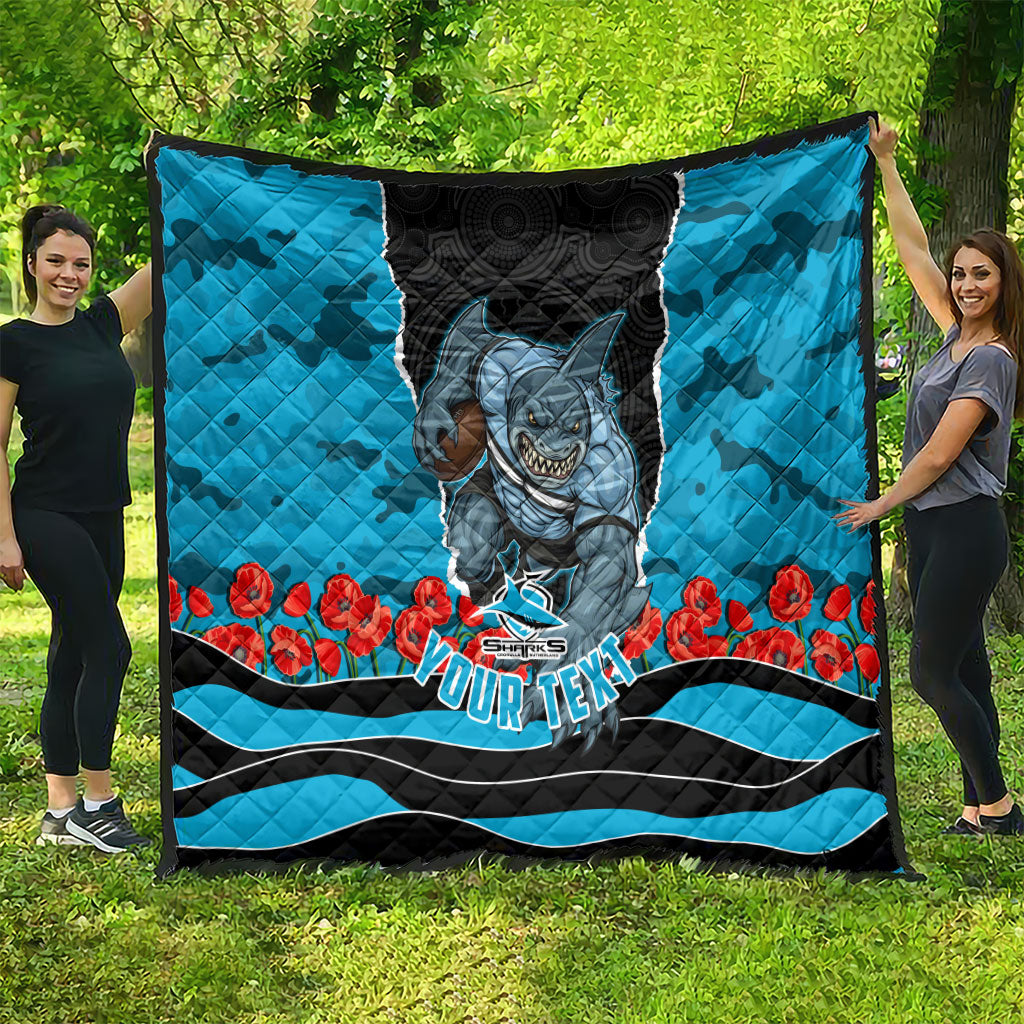 Personalized Sharks ANZAC Tribute Quilt Poppy Field Soldier Silhouette Aboriginal Rugby Mascot