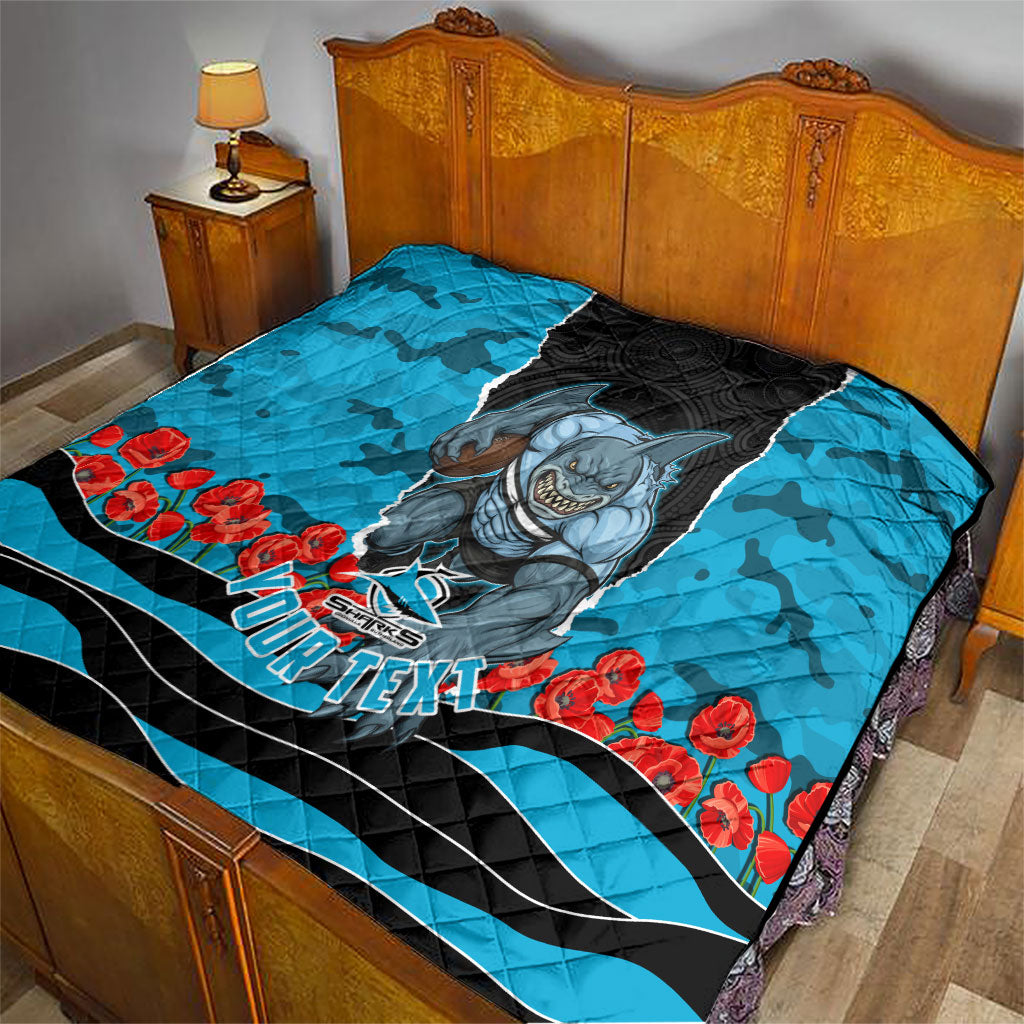 Personalized Sharks ANZAC Tribute Quilt Poppy Field Soldier Silhouette Aboriginal Rugby Mascot