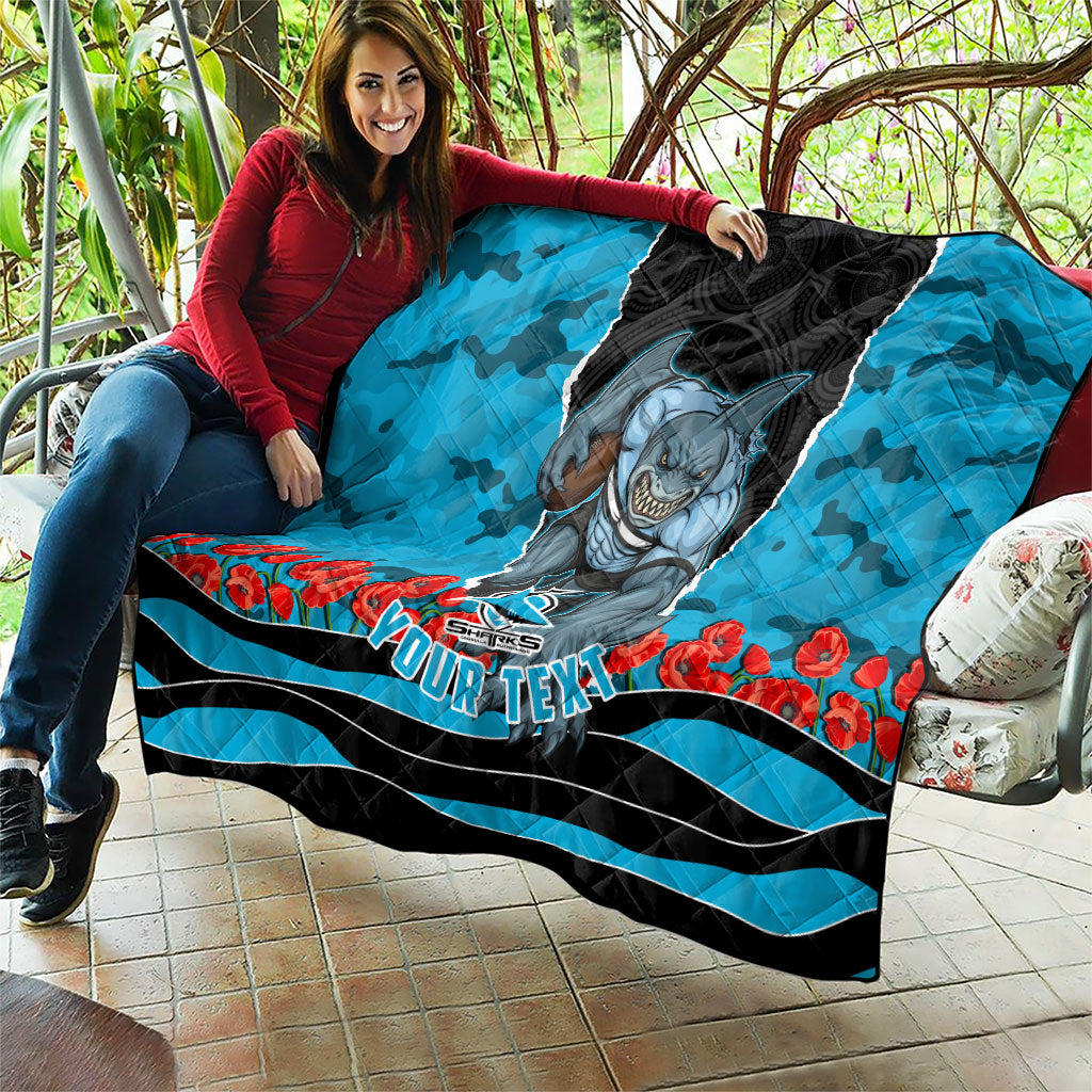 Personalized Sharks ANZAC Tribute Quilt Poppy Field Soldier Silhouette Aboriginal Rugby Mascot