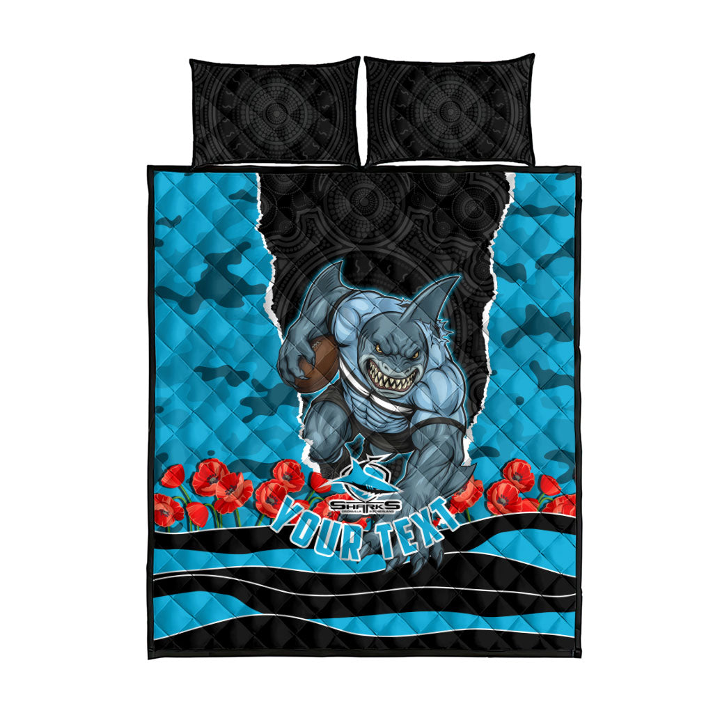 Personalized Sharks ANZAC Tribute Quilt Bed Set Poppy Field Soldier Silhouette Aboriginal Rugby Mascot