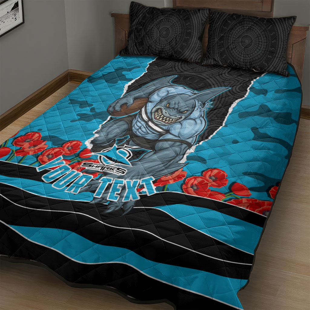 Personalized Sharks ANZAC Tribute Quilt Bed Set Poppy Field Soldier Silhouette Aboriginal Rugby Mascot