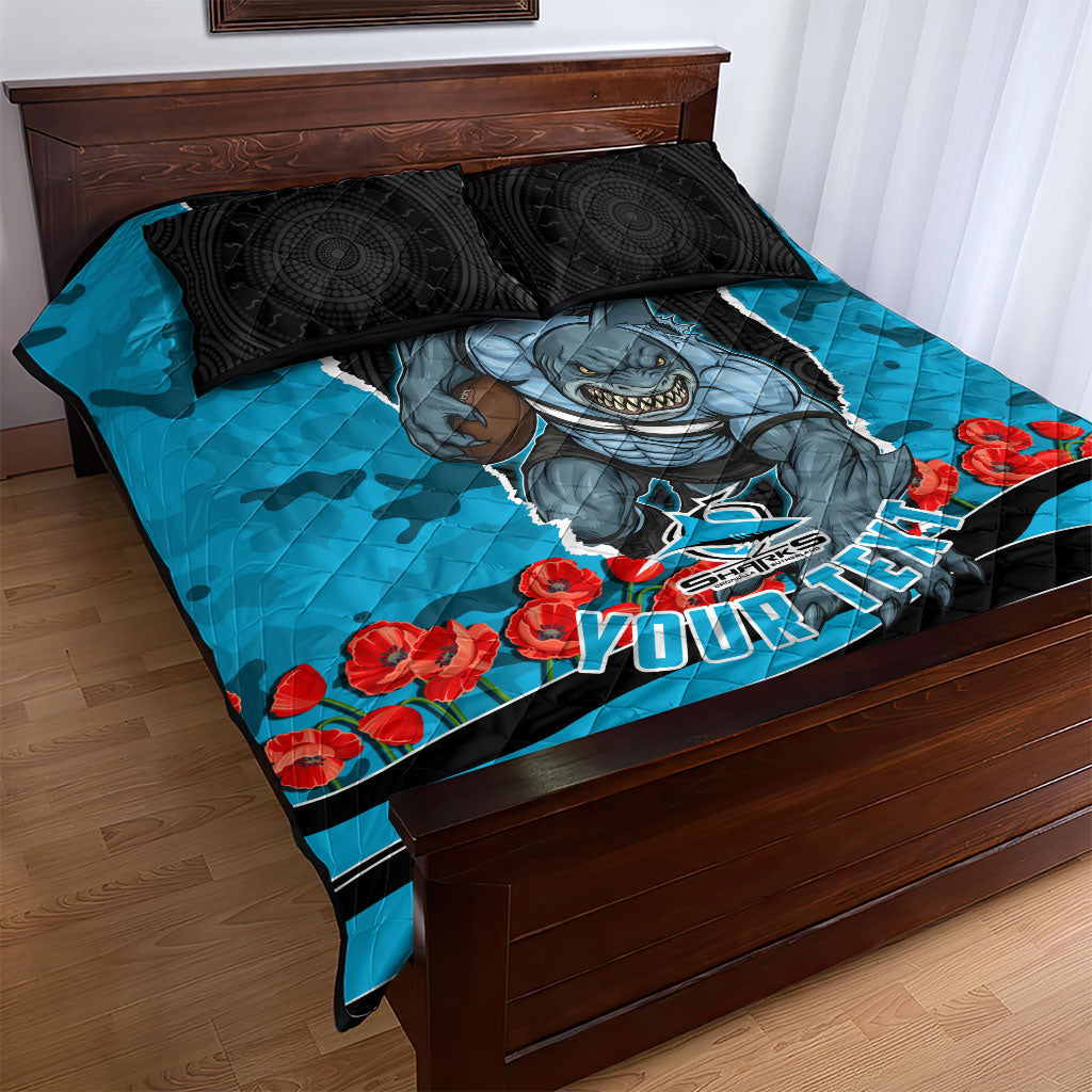 Personalized Sharks ANZAC Tribute Quilt Bed Set Poppy Field Soldier Silhouette Aboriginal Rugby Mascot