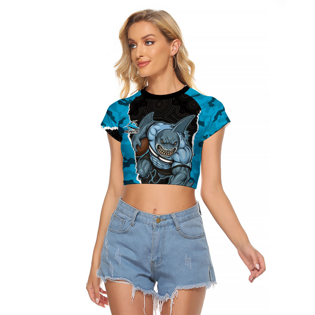 Personalized Sharks ANZAC Tribute Raglan Cropped T Shirt Poppy Field Soldier Silhouette Aboriginal Rugby Mascot