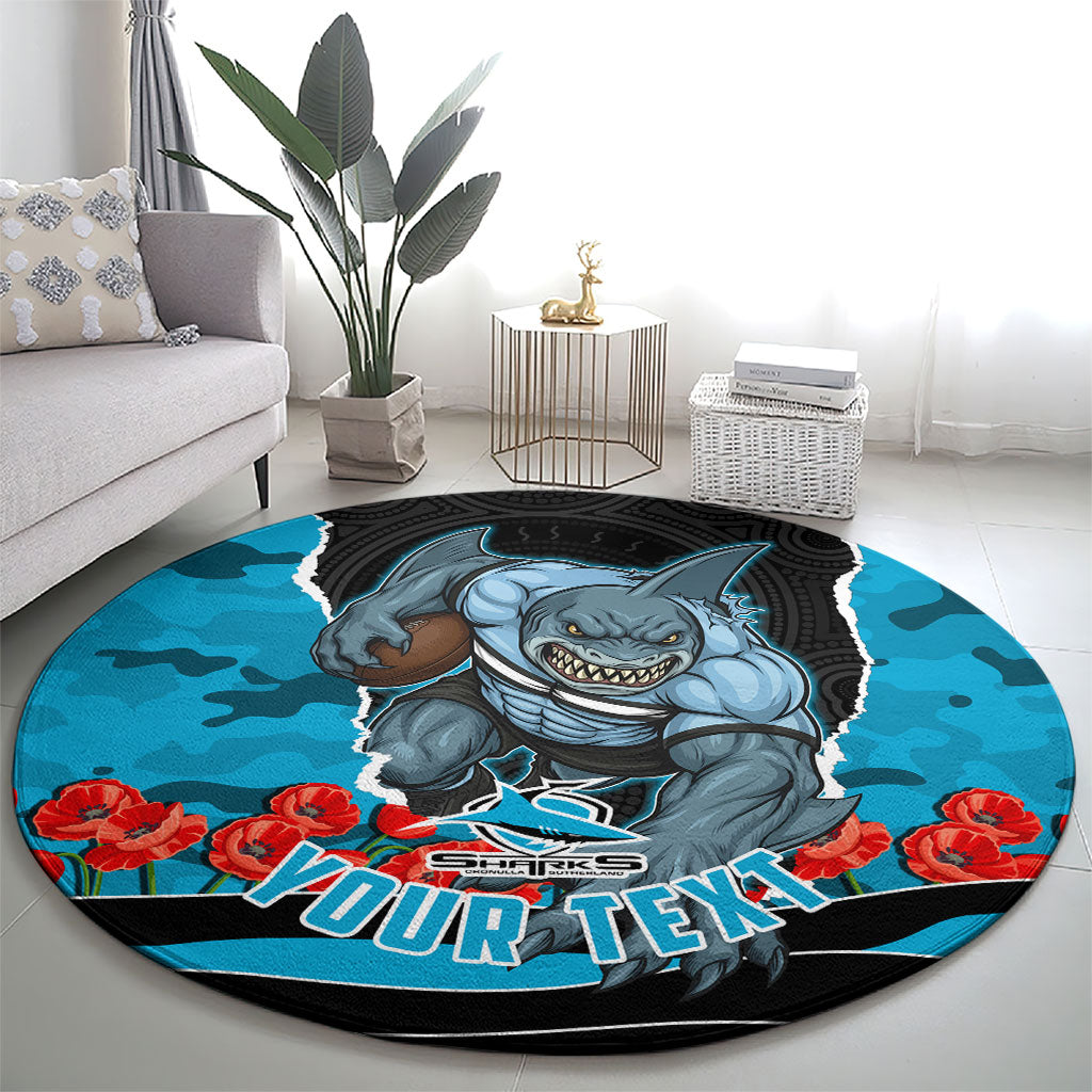 Personalized Sharks ANZAC Tribute Round Carpet Poppy Field Soldier Silhouette Aboriginal Rugby Mascot