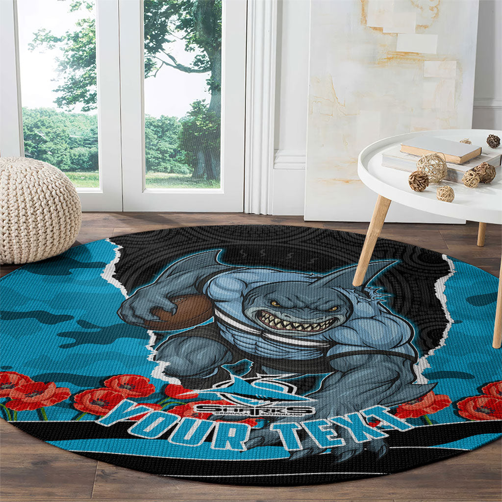 Personalized Sharks ANZAC Tribute Round Carpet Poppy Field Soldier Silhouette Aboriginal Rugby Mascot