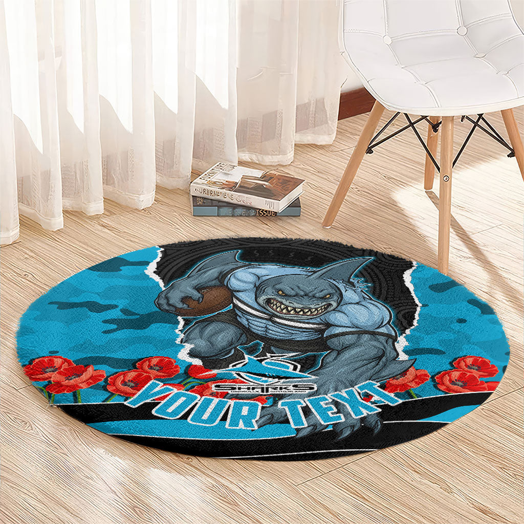 Personalized Sharks ANZAC Tribute Round Carpet Poppy Field Soldier Silhouette Aboriginal Rugby Mascot