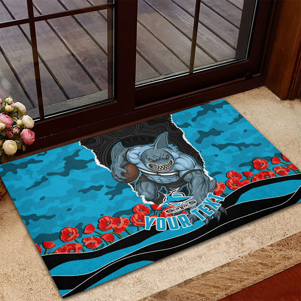 Personalized Sharks ANZAC Tribute Rubber Doormat Poppy Field Soldier Silhouette Aboriginal Rugby Mascot