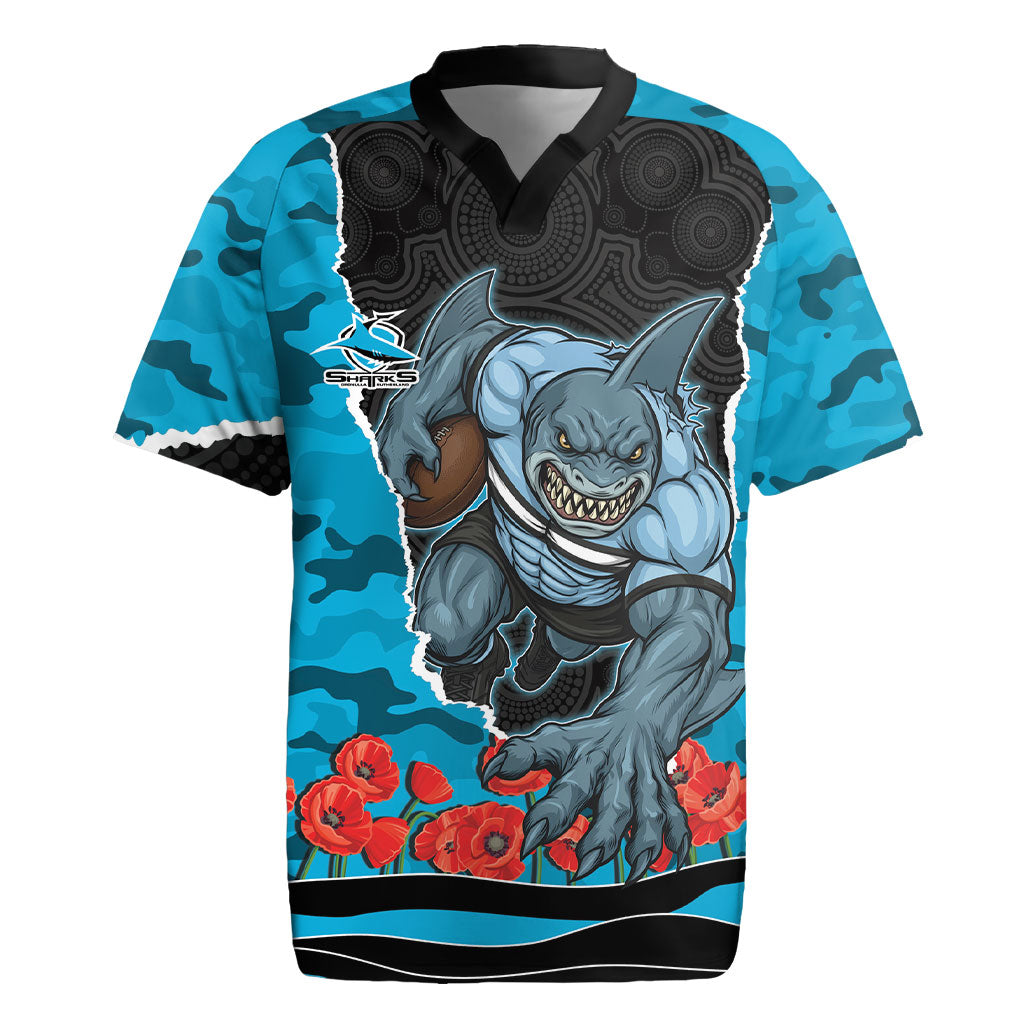 Personalized Sharks ANZAC Tribute Rugby Jersey Poppy Field Soldier Silhouette Aboriginal Rugby Mascot
