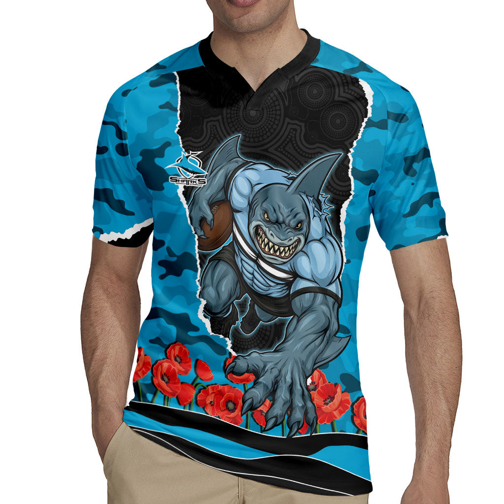 Personalized Sharks ANZAC Tribute Rugby Jersey Poppy Field Soldier Silhouette Aboriginal Rugby Mascot