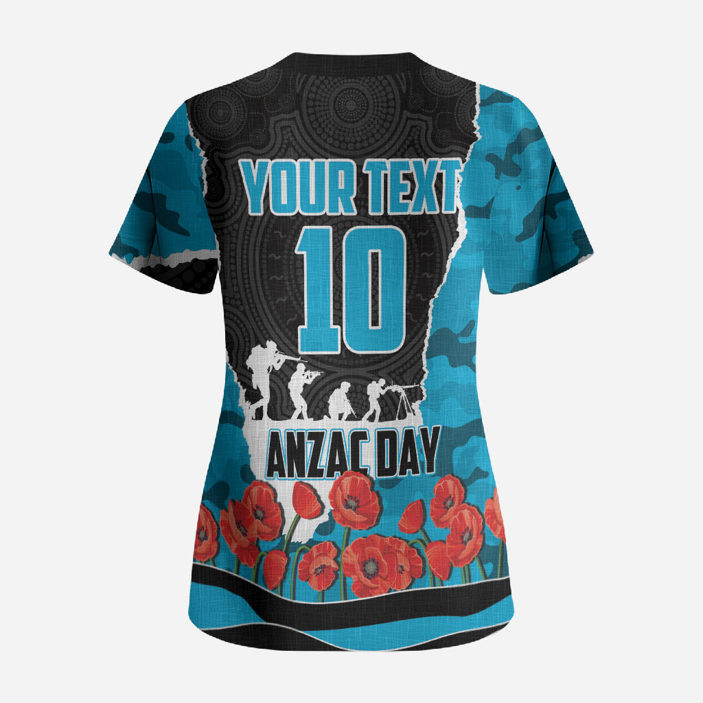 Personalized Sharks ANZAC Tribute Scrub Top Poppy Field Soldier Silhouette Aboriginal Rugby Mascot