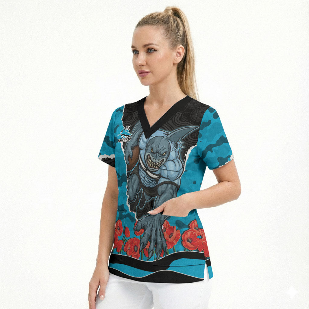 Personalized Sharks ANZAC Tribute Scrub Top Poppy Field Soldier Silhouette Aboriginal Rugby Mascot