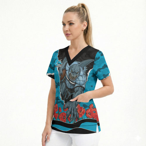 Personalized Sharks ANZAC Tribute Scrub Top Poppy Field Soldier Silhouette Aboriginal Rugby Mascot