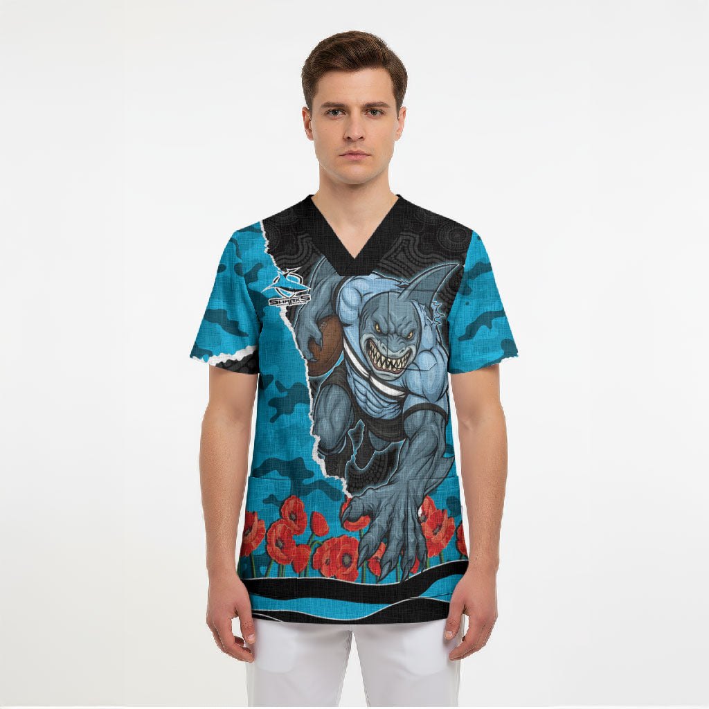 Personalized Sharks ANZAC Tribute Scrub Top Poppy Field Soldier Silhouette Aboriginal Rugby Mascot
