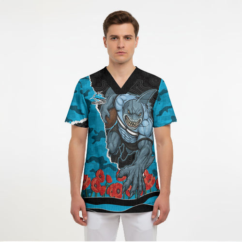 Personalized Sharks ANZAC Tribute Scrub Top Poppy Field Soldier Silhouette Aboriginal Rugby Mascot
