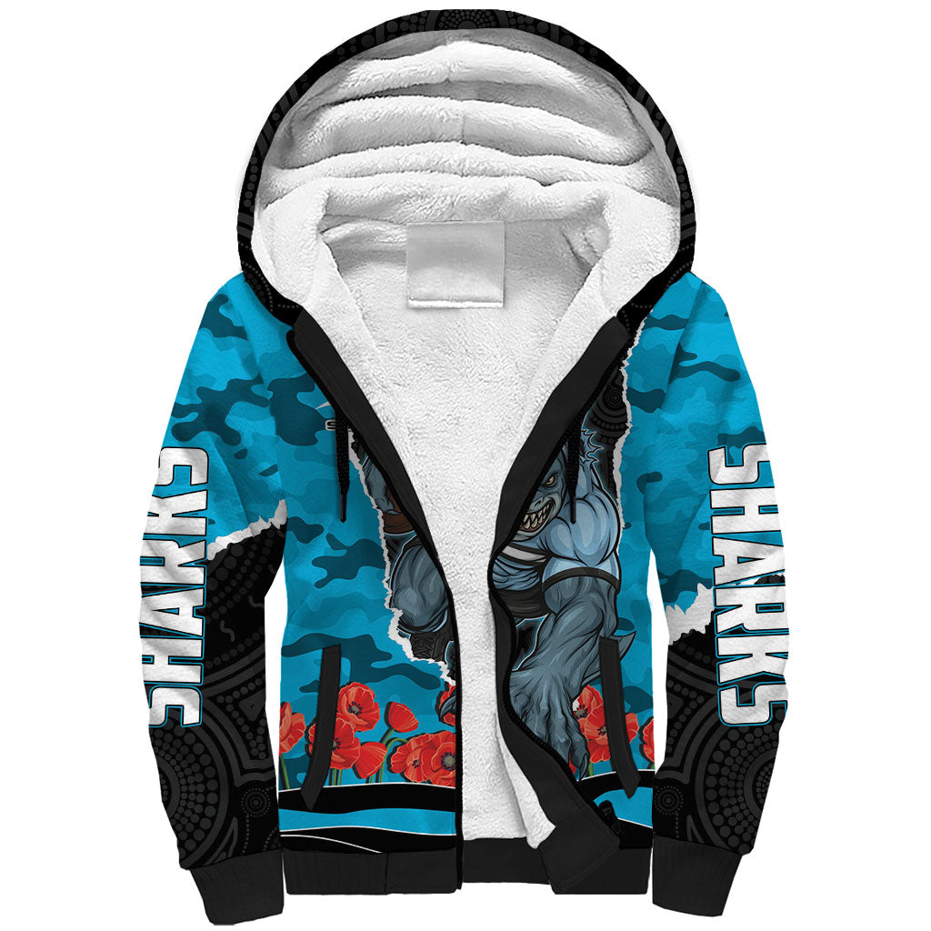 Personalized Sharks ANZAC Tribute Sherpa Hoodie Poppy Field Soldier Silhouette Aboriginal Rugby Mascot