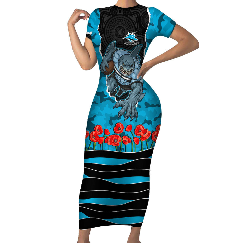 Personalized Sharks ANZAC Tribute Short Sleeve Bodycon Dress Poppy Field Soldier Silhouette Aboriginal Rugby Mascot